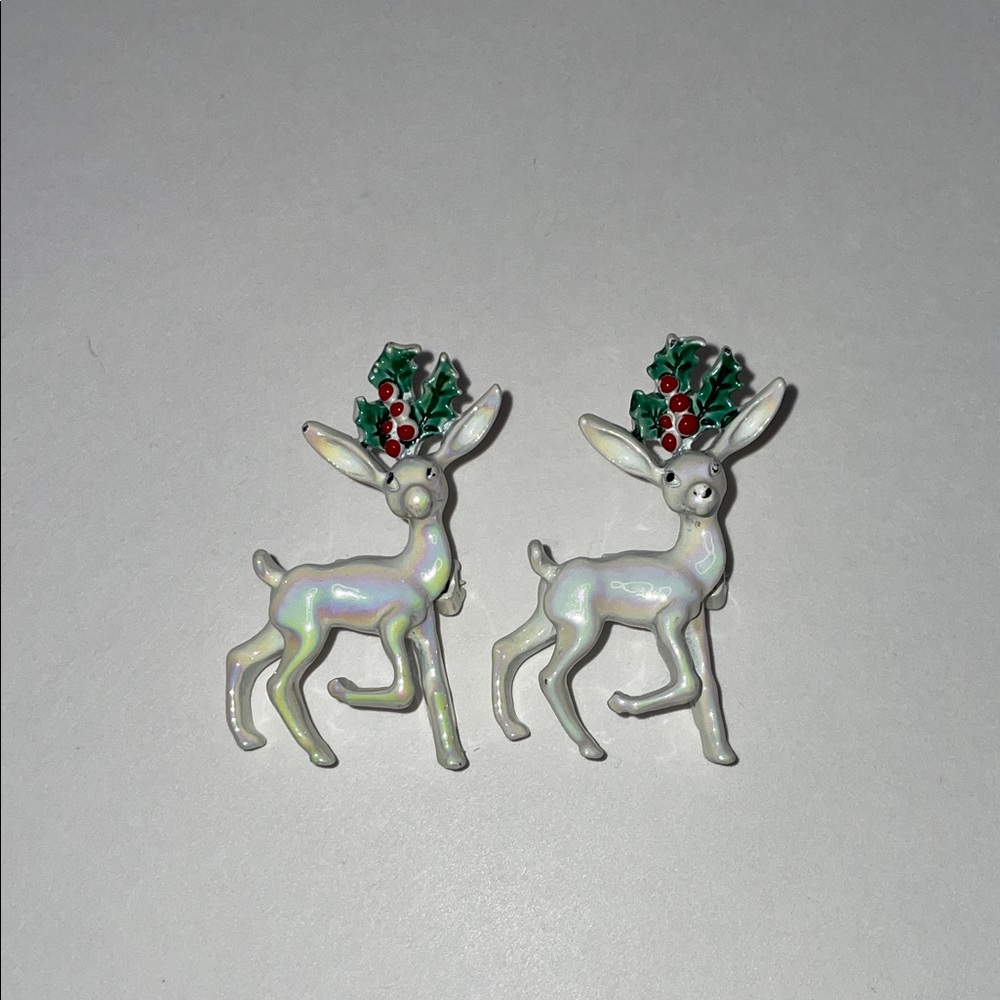 Vintage 1960’s Iridescent White Deer Christmas Brooch’s.